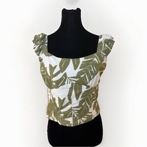 Abercrombie And Fitch Crop Top Linen Sz L Scrunchie Sleeve Green Tropical Beachy
